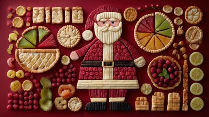 Santa Claus Made of Fruit Tarts and Pastry, Creative Christmas Food Art on Red Background