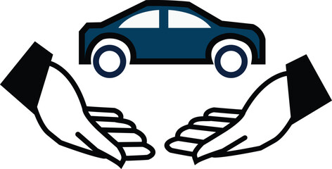 Automotive Protection Concept: Two hands gently cradle a stylish automobile, symbolizing care, security, and the preservation of valuable assets. 
