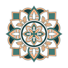 Intricate symmetrical mandala design with a beautiful floral pattern in green and peach tones, ideal for meditation, yoga, or decorative purposes