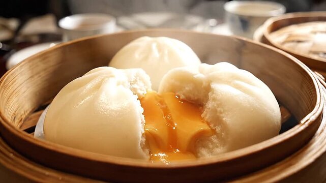 Steaming bamboo baskets revealing fluffy dim sum with golden filling
