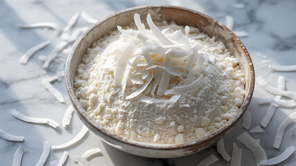 Delicious coconut flour ready for baking tantalizing treats, topped with delicate flakes, inviting culinary exploration and delightful culinary possibilities, inspiring baking