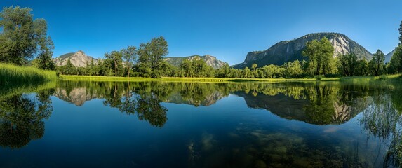 Panoramic view of Yosemite Valley with calm river reflecting mountains and trees under clear blue sky