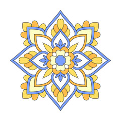 A vibrant and intricate floral mandala design, featuring symmetrical patterns and a harmonious blend of blue, yellow, and orange colors