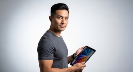 confident young man using digital tablet in casual indoor setting with neutral background