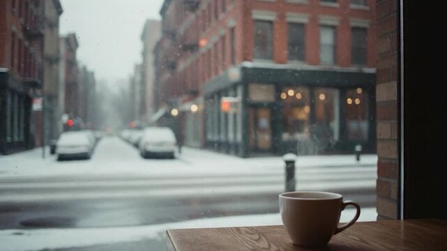 A warm cup of coffee sits by the window overlooking a quiet snow-covered city street lined with brick buildings.