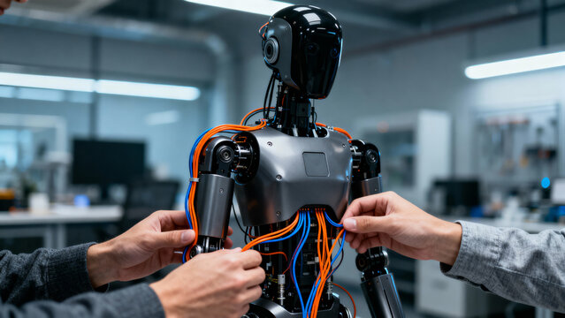 Engineers collaborating on humanoid robot in modern laboratory, closeup of detailed mechanics wires and synchronized hands in focus