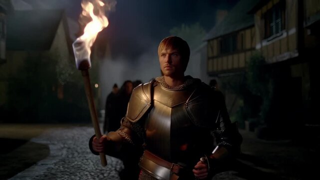 Medieval knight leading torchlit procession through cobblestone village at night