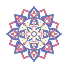 Colorful mandala design with symmetrical floral and geometric patterns in blue, pink, and yellow, suitable for spiritual art, meditation, or decoration