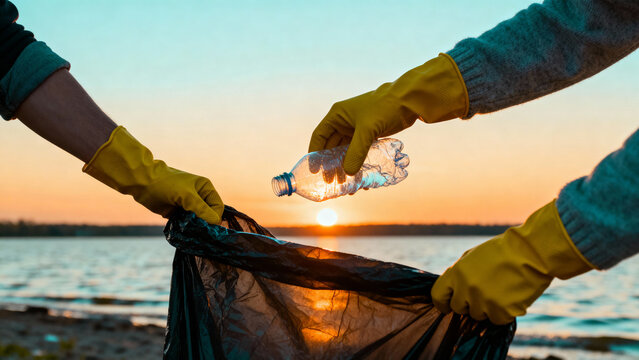 Environmental volunteers wearing yellow gloves, picking plastic waste into garbage bag along calm lake shore under golden evening light - Powered by Adobe
