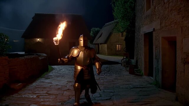 Medieval knight in steel armor walking with flaming torch through ancient village street at night, dramatic medieval ambience, torchlight procession video footage