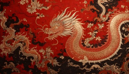  &ldquo;Hand-painted Chinese cultural patterns on traditional garment fabric, featuring ancient dragon motifs, flowing ink art, vibrant red, black and gold tones, fine textile texture, high-resolution close