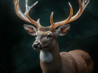 Deer with Transparent Golden Glass Antlers – Majestic Wildlife Portrait on Dark Green Background