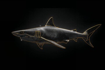 Great White Shark with Golden Line Accents – Detailed Ocean Predator Illustration on Black Background