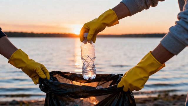 Environmental volunteers wearing yellow gloves, picking plastic waste into garbage bag along calm lake shore under golden evening light