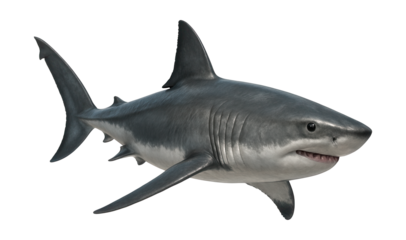 Young great white shark with a sleek body and sharp dorsal fin.