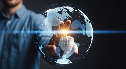 Human hand touching a luminous digital globe, representing global business networking, data connection, futuristic communication technology, and worldwide innovation.