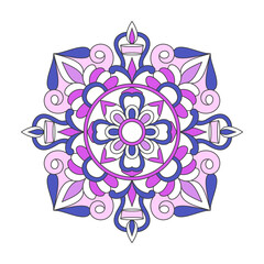 Vibrant symmetrical mandala design with intricate floral and geometric patterns in blue, purple, and pink, creating a decorative and spiritual motif