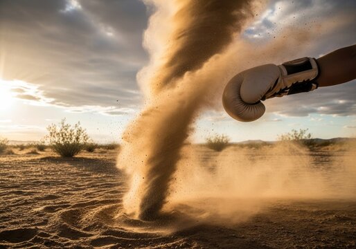 Fist in boxing glove punching a swirling dust devil in a dry desert landscape at sunset