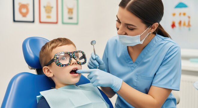 Female dentist examining caucasian child in dental clinic setting - Powered by Adobe