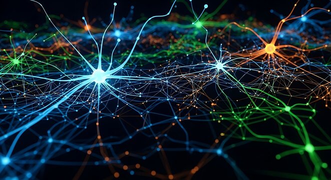 Dynamic abstract neural network visualization with glowing connections, representing artificial intelligence, machine learning, and advanced technology.