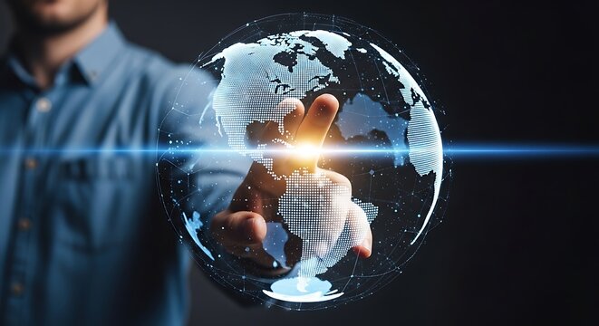 Human hand touching a luminous digital globe, representing global business networking, data connection, futuristic communication technology, and worldwide innovation.