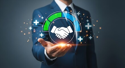 Business partnership agreement and collaboration with glowing handshake icon, representing successful trust, mutual benefit, service, and solution on professional background