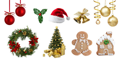 Png image of Festive christmas decorations featuring ornaments santa hat christmas tree gingerbread man and wreath against a for holiday cheer and celebration on transparent background