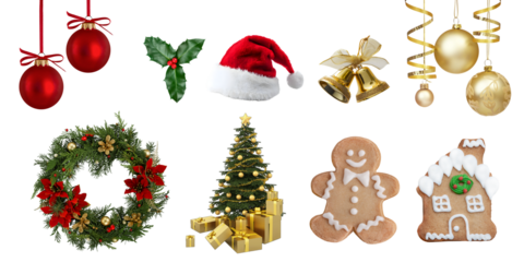 Png image of Festive christmas decorations featuring ornaments santa hat christmas tree gingerbread man and wreath against a for holiday cheer and celebration on transparent background