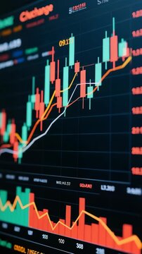 Close-up of a digital cryptocurrency trading chart with candlestick and line graphs, displaying fluctuating prices and market trends on a computer screen in a financial environment.