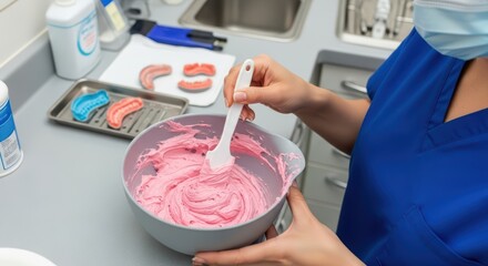 Dental technician mixing pink dental mold compound in laboratory setting