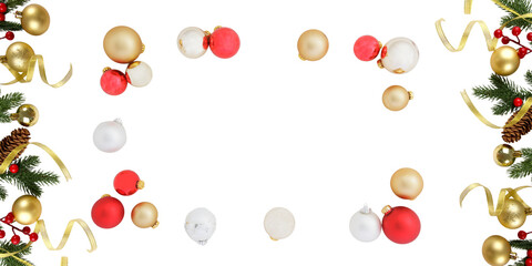 Png image of Festive christmas background featuring ornaments pine branches and gold ribbon for holiday greetings and seasonal designs with a classic and elegant touch on transparent background