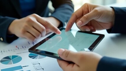 Close-up of business professionals using a digital tablet to review financial graphs and charts. Teamwork, data analysis, and digital technology in a modern office environment. - Powered by Adobe