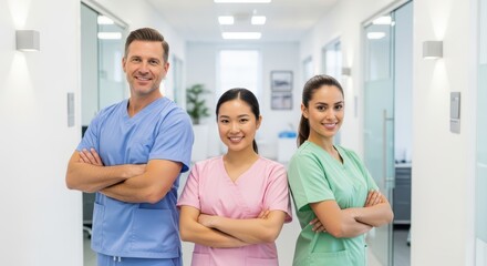 Diverse medical team: smiling healthcare professionals in modern clinic
