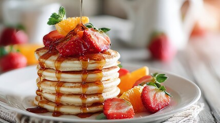 Indulge in a stack of fluffy pancakes drizzled with golden syrup, topped with fresh strawberries and oranges for a delightful breakfast experience