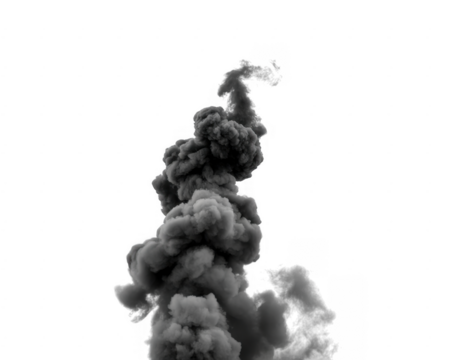 Dense gray smoke plume rising against black background isolated on a transparent background