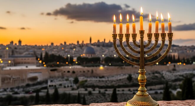 Menorah candles burning with jerusalem skyline at sunset for hanukkah celebration