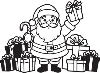 Black and White Cartoon Santa Claus Holding Gifts and Candy Cane christmas presents on transparent background