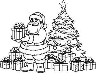 Black and white line drawing of Santa Claus holding a gift box next to a decorated Christmas tree and presents on transparent background