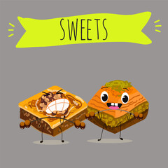 Funny Characters Turkish Traditional desserts pistachio baklava, hand drawn vector illustration.