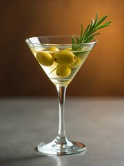 Classic martini cocktail with olives and rosemary. AI generated. 