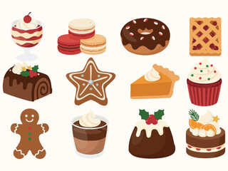 A collection of flat-style festive desserts including macarons, cupcakes, donuts, gingerbread cookies, yule log, pie, pudding, and layered treats, designed in warm colors for holiday or Christmas them