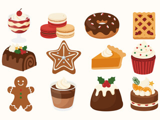 A collection of flat-style festive desserts including macarons, cupcakes, donuts, gingerbread cookies, yule log, pie, pudding, and layered treats, designed in warm colors for holiday or Christmas them