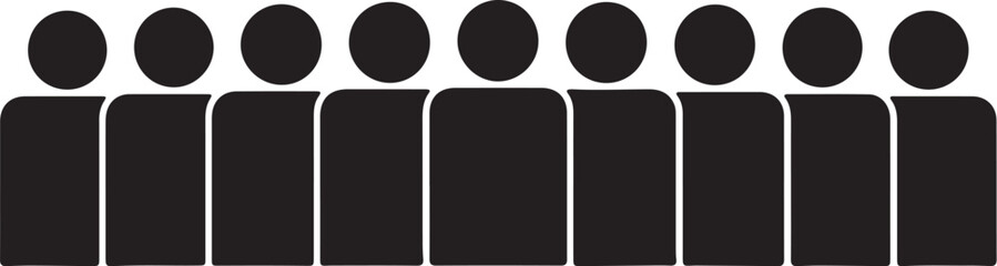 Row of Eight Black Silhouette Figures with Round Heads and Rectangular Bodies Keywords: silhouette, figures, people, group, row, line, abstract, human, icon, symbol, simple, on transparent background