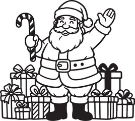 Black and White Outline Drawing of Santa Claus Holding a Candy Cane and Surrounded by Gifts Keywords: Santa Claus, Father Christmas, holiday, Christmas, winter, gift, on transparent background