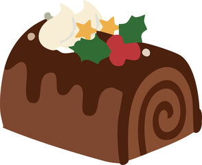 A flat vector illustration of a chocolate yule log cake decorated with whipped cream, holly leaves, red berries, and golden star toppers, representing a cozy and festive Christmas dessert.