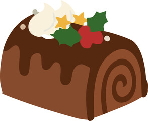 A flat vector illustration of a chocolate yule log cake decorated with whipped cream, holly leaves, red berries, and golden star toppers, representing a cozy and festive Christmas dessert.