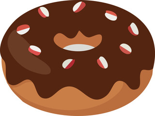 A flat vector illustration of a chocolate-glazed donut topped with red and white candy sprinkles, representing a sweet festive treat perfect for holiday or bakery-themed designs.