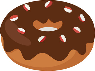 A flat vector illustration of a chocolate-glazed donut topped with red and white candy sprinkles, representing a sweet festive treat perfect for holiday or bakery-themed designs.