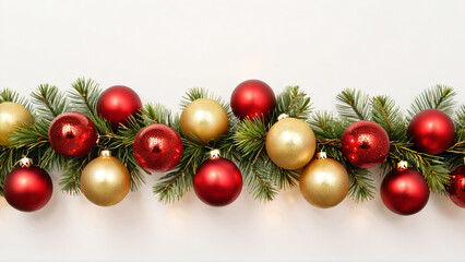 Weihnachtsgirlande mit roten und goldenen Christbaumkugeln isoliert auf wei&szlig;em Hintergrund
