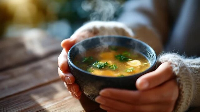 Hands cradling hot miso soup, steam rising, soft morning light on wooden table, comfort warmth, with copy space